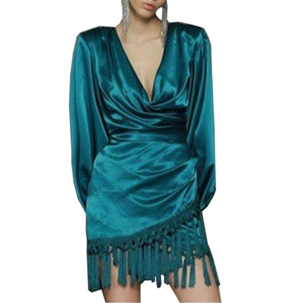 Chic Teal Long Sleeve Dress with Fringe - Picture 2 of 5